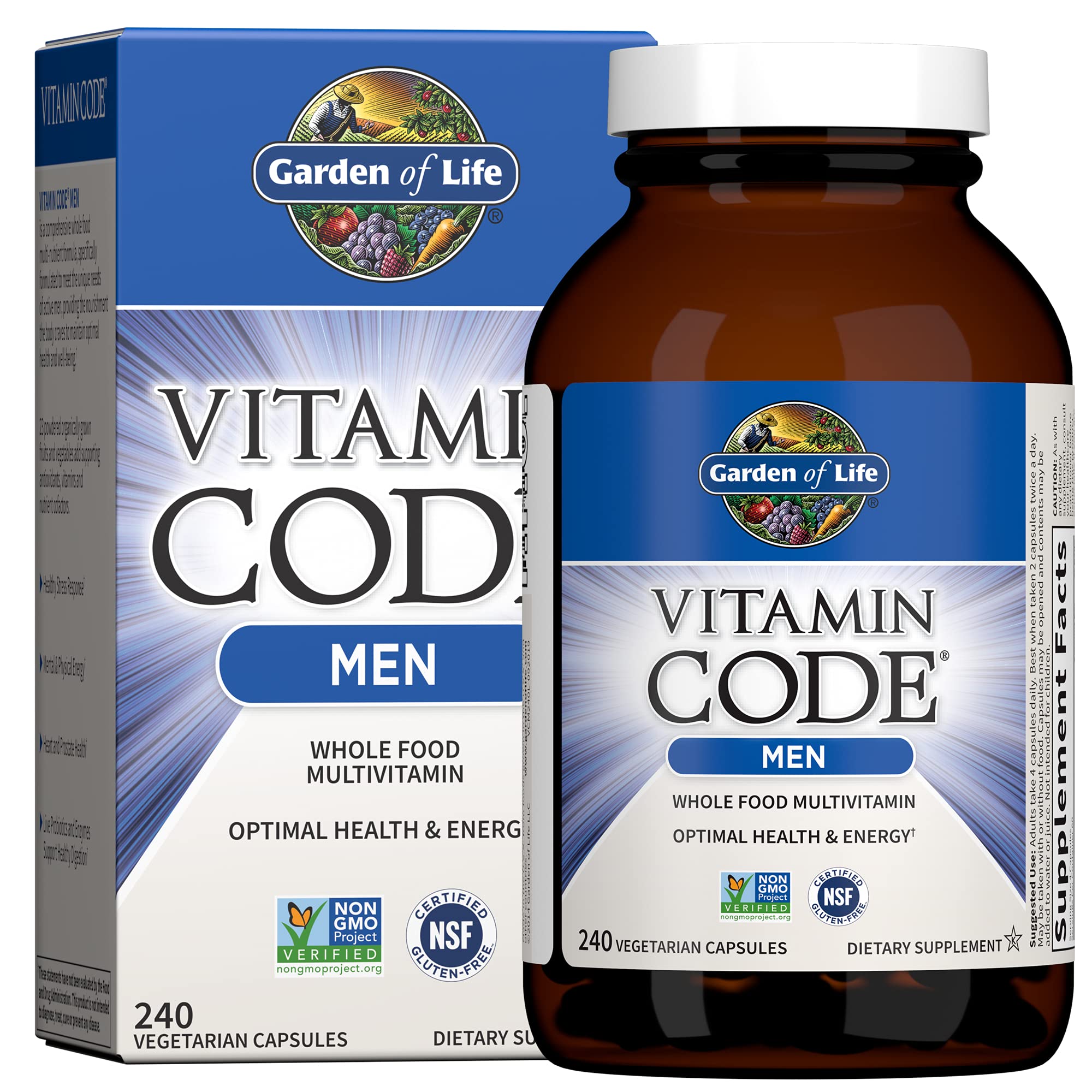 Garden of Life Vitamin Code Whole Food Multivitamin for Men - 240 Capsules, Vitamins for Men, Fruit Veggie Blend and Probiotics for Energy, Heart, ...