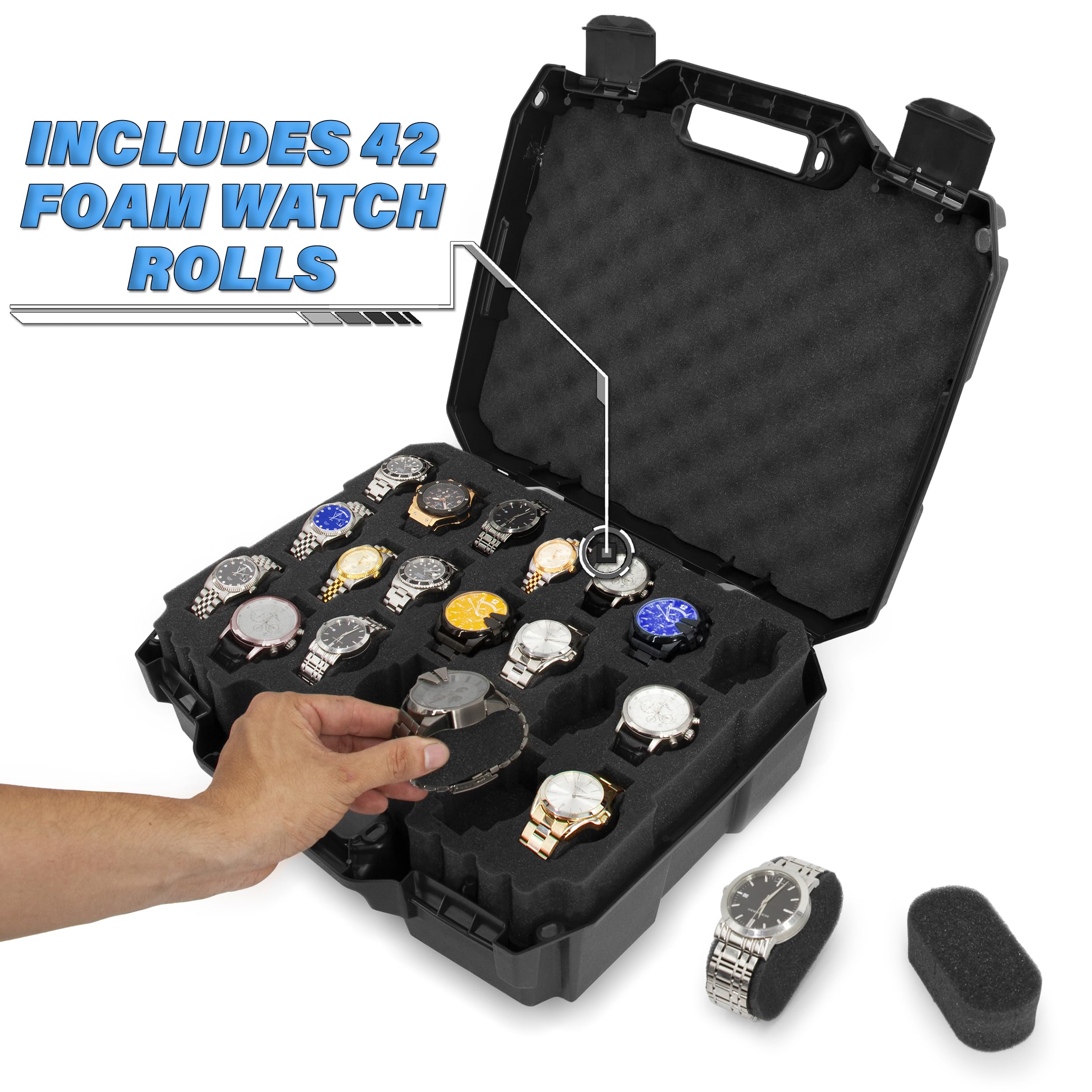 CASEMATIX Watch Travel Case With 42 Watch Roll Holder Slots- Impact Resistant Watch Case With Foam Watch Box Interior and Two Removable Display Trays, Watch Storage Fits 24mm to 56mm Faces