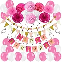 ZERODECO Birthday Decoration Set, Happy Birthday Banner Bunting with 4 Paper Fans Tissue 6 Paper Pom Poms Flower 10 Hanging Swirl and 20 Balloon for Birthday Party Decorations -Pink White and Red