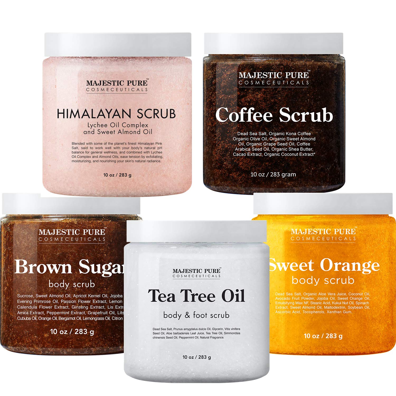 Majestic Pure Himalayan Scrub, Orange Scrub, Brown Sugar Scrub, Coffee Scrub, and Tea Tree Scrub Bundle – Foot and Body Scrub Package