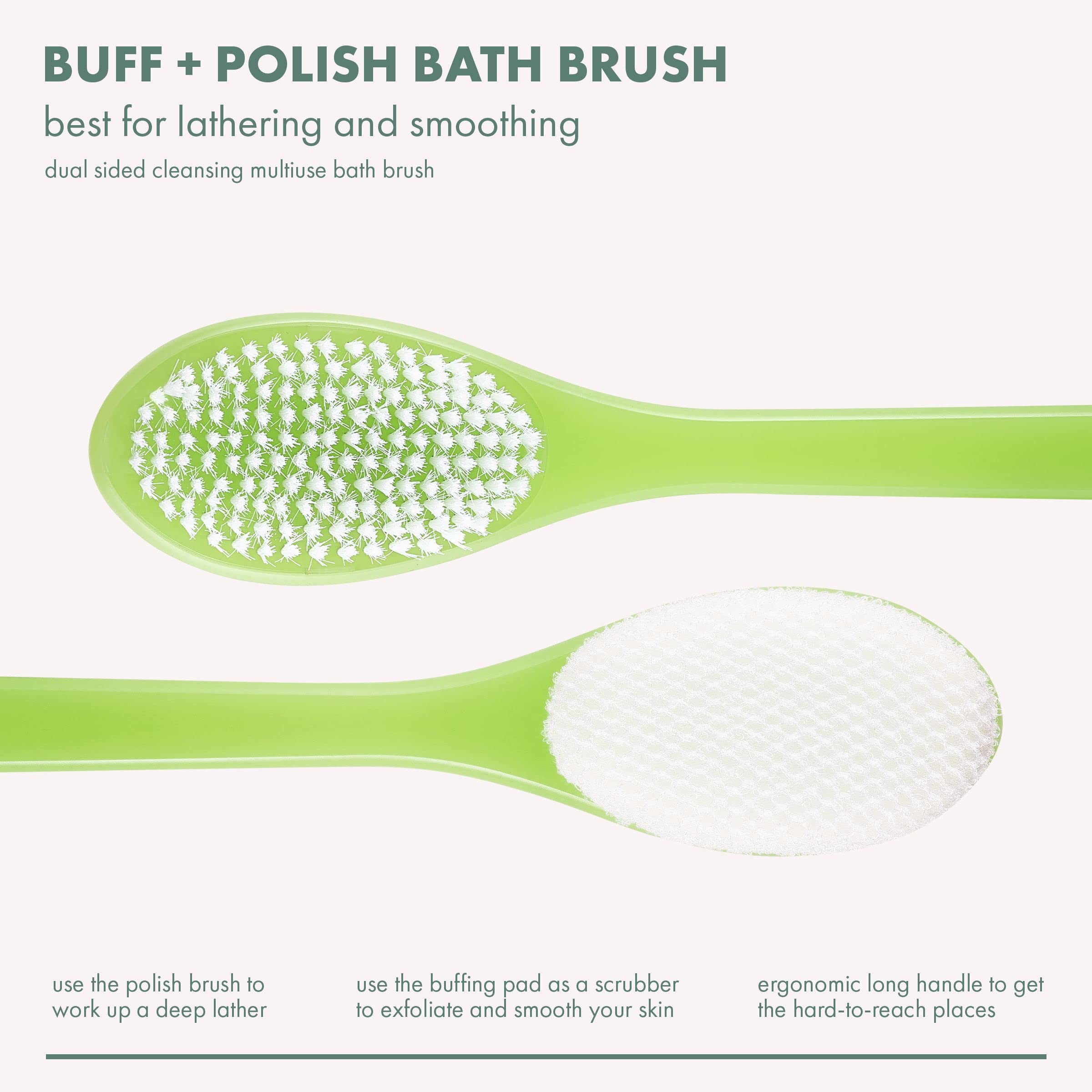 EcoTools Buff and Polish Bath Brush, Exfoliating & Promotes Blood Circulation, Dual Sided Brush for Healthy Looking Skin, Bath & Shower Body Brush, For Men & Women, Green, 1 Count