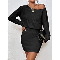 TLULY Dress for Women Batwing Sleeve Bodycon Dress (Color : Black, Size : X-Small)