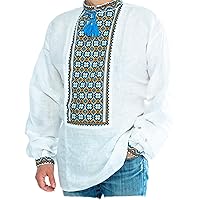 Rushnichok Easter Shirts for Men Ukrainian Vyshyvanka Men's Embroidered White Blue Brown Shirt Linen Wedding (2X-Large)