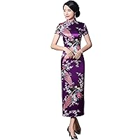 Short Sleeve Peacock Print Cheongsam Long Qipao Chinese Dress