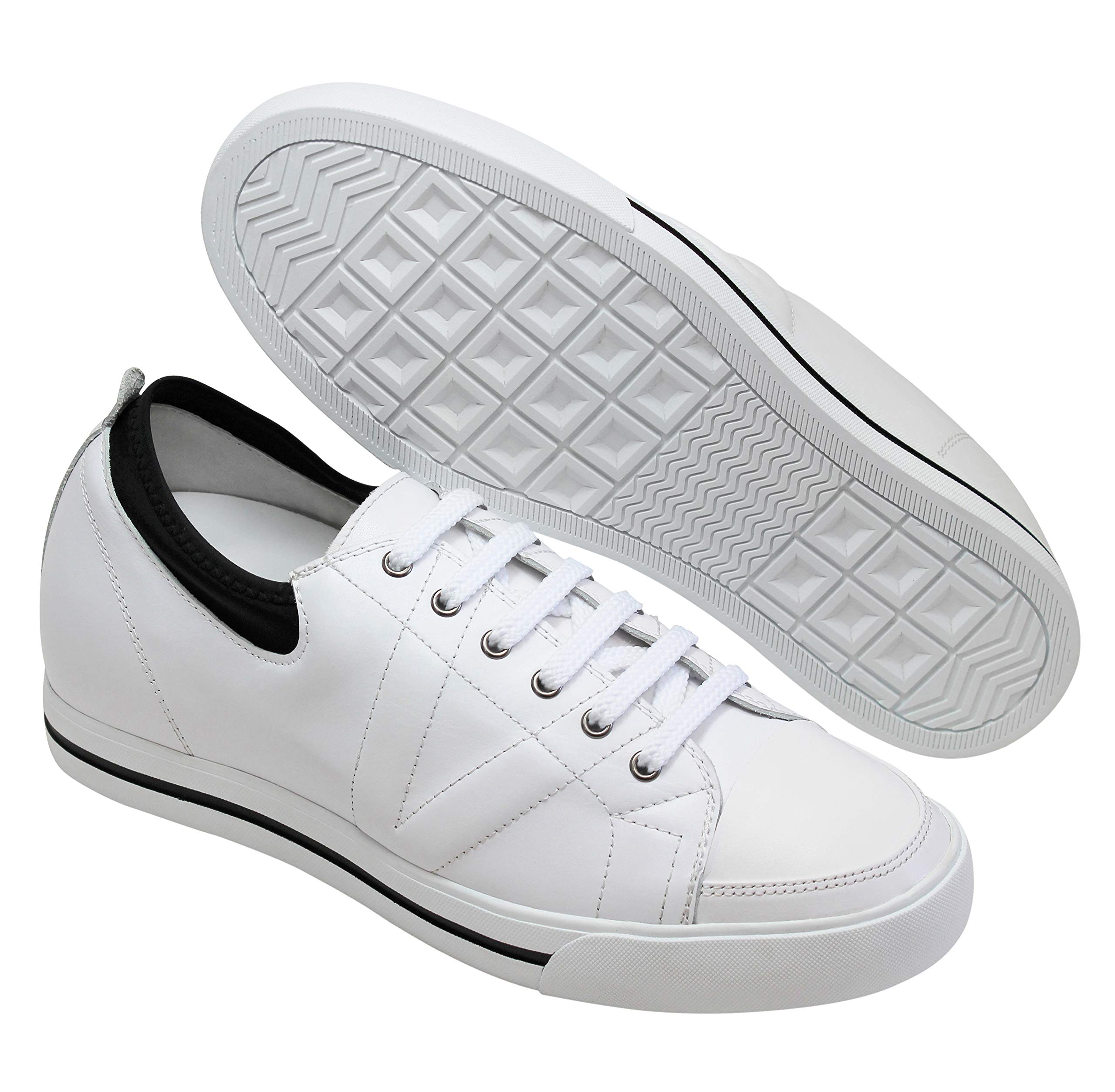 TOTO Men's Invisible Height Increasing Elevator Shoes - White/Black Leather Lace-up Sneakers - 2.4 Inches Taller - D8171