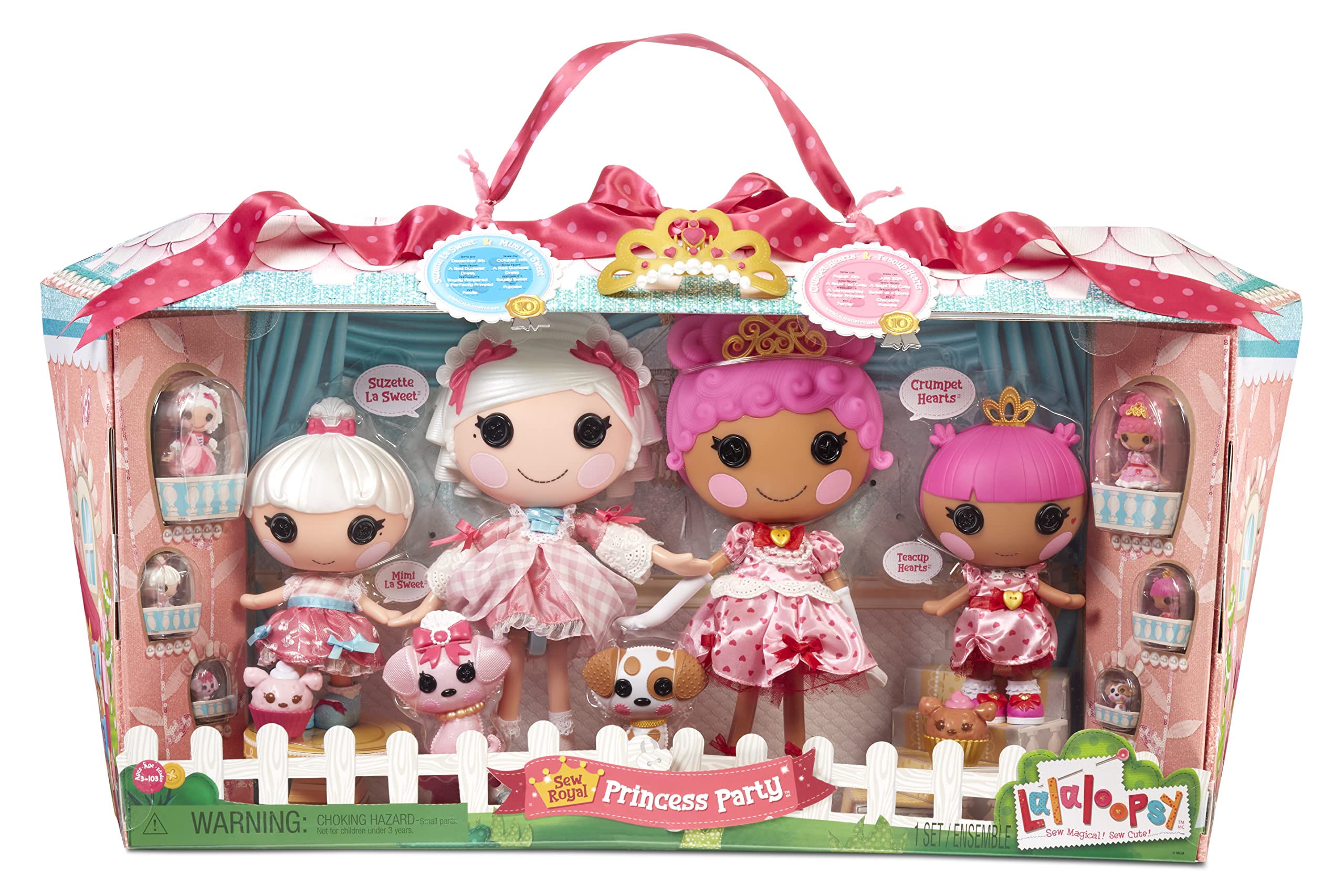 Lalaloopsy Sew Royal Princess Party 8 Pack - Crumpet & Teacup Hearts + Suzette & Mimi La Sweet, 8 Princess Dolls (Classic + Littles + Minis) + 6 Pets & Tiara, in Reusable Castle Package, Ages 3-103