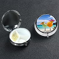 Round Pill Box Pill Case Weekly Pill Organizer with 3 Compartments Tropical Beach Drink Pillbox Small Pill Container Portable Vitamin Holder Boxes for Supplements Medicine Organizer for Pill