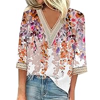 Women's Tops Shirt Blouse Casual Loose 3/4 Sleeve Lace Print V Neck Tops Tops T-Shirts Tee, S-3XL