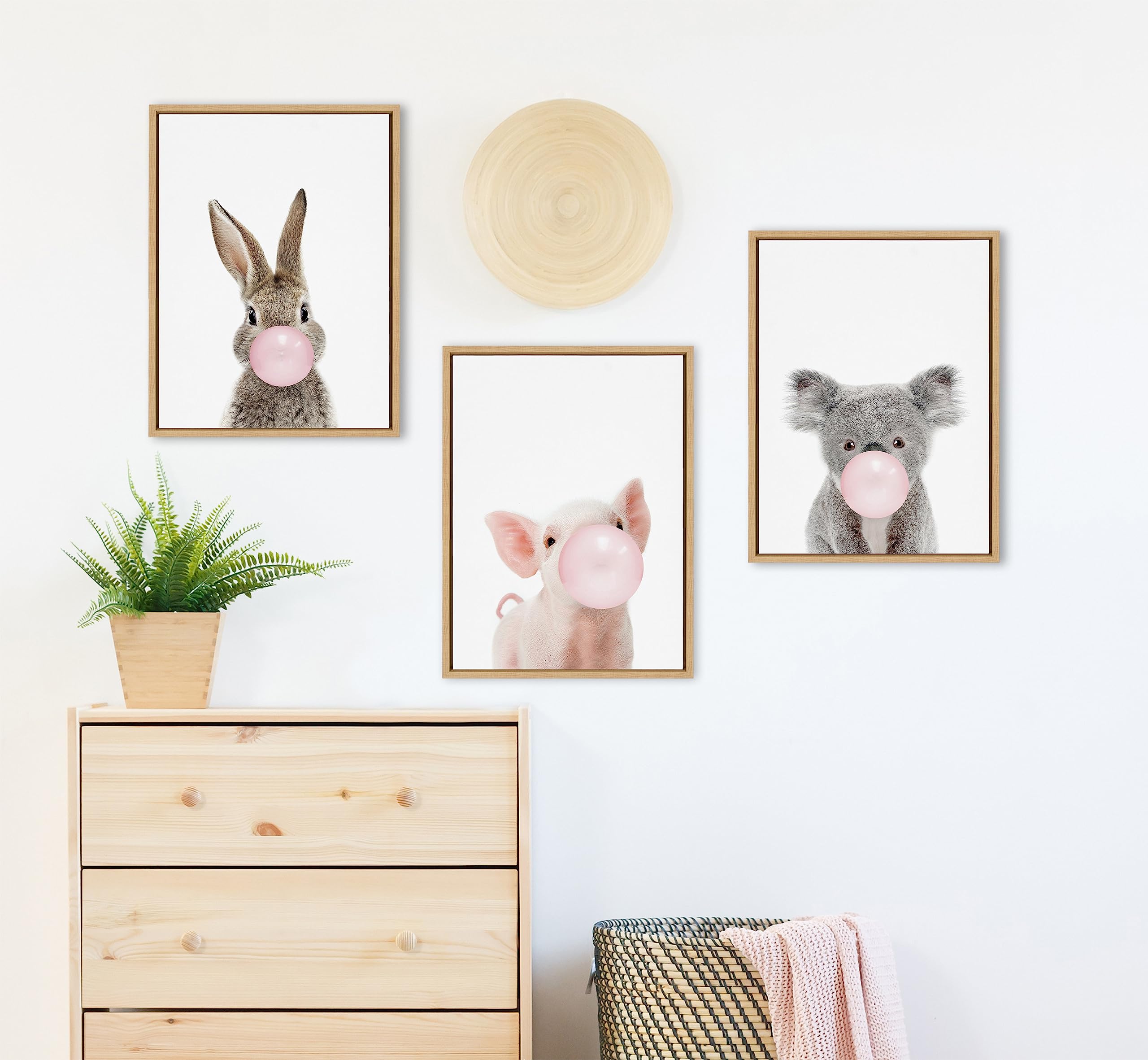 Kate and Laurel Sylvie Bubble Gum Bunny Framed Canvas Wall Art by Amy Peterson Art Studio, 18x24 Natural, Cute Whimsical Animal Art for Wall
