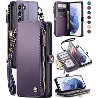 Defencase for Samsung Galaxy S21 Case, RFID Blocking for Galaxy S21 Case Wallet for Women Men with Card Holder, PU Leather Wrist Strap Zipper Pocket Magnetic Flip Phone Case for Samsung S21 5G, Purple