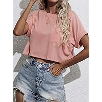 Women's T-Shirt Batwing Sleeve Pocket Patched Crop Tee Women's T-Shirt (Color : Dusty Pink, Size : X-Small)