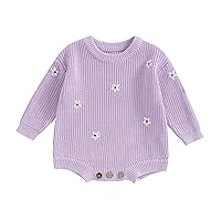 VISGOGO Baby Boys Girls Sweater Rompers Flower Embroidery Long Sleeve Infant Jumpsuits Fall Clothes Knit Bodysuits