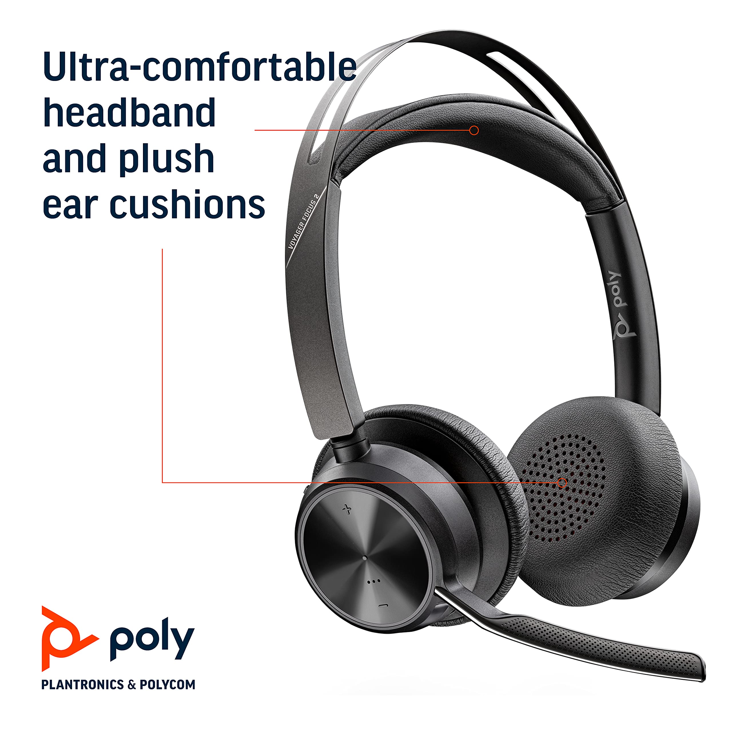 Poly - Voyager Focus 2 UC USB-A Headset with Stand (Plantronics) - Bluetooth Stereo Headset with Boom Mic - USB-A PC/Mac Compatible - Active Noise Canceling - Works with Teams (Certified), Zoom & more