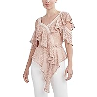 BCBGMAXAZRIA Women's Fit and Flare Off The Shoulder Flutter Sleeve Asymmetrical Neck Ruffle Top