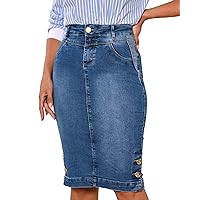 Straight Knee Length Stretch Denim Jean Skirt for Women Size 0-22 Regular and Plus Size Side Button Details