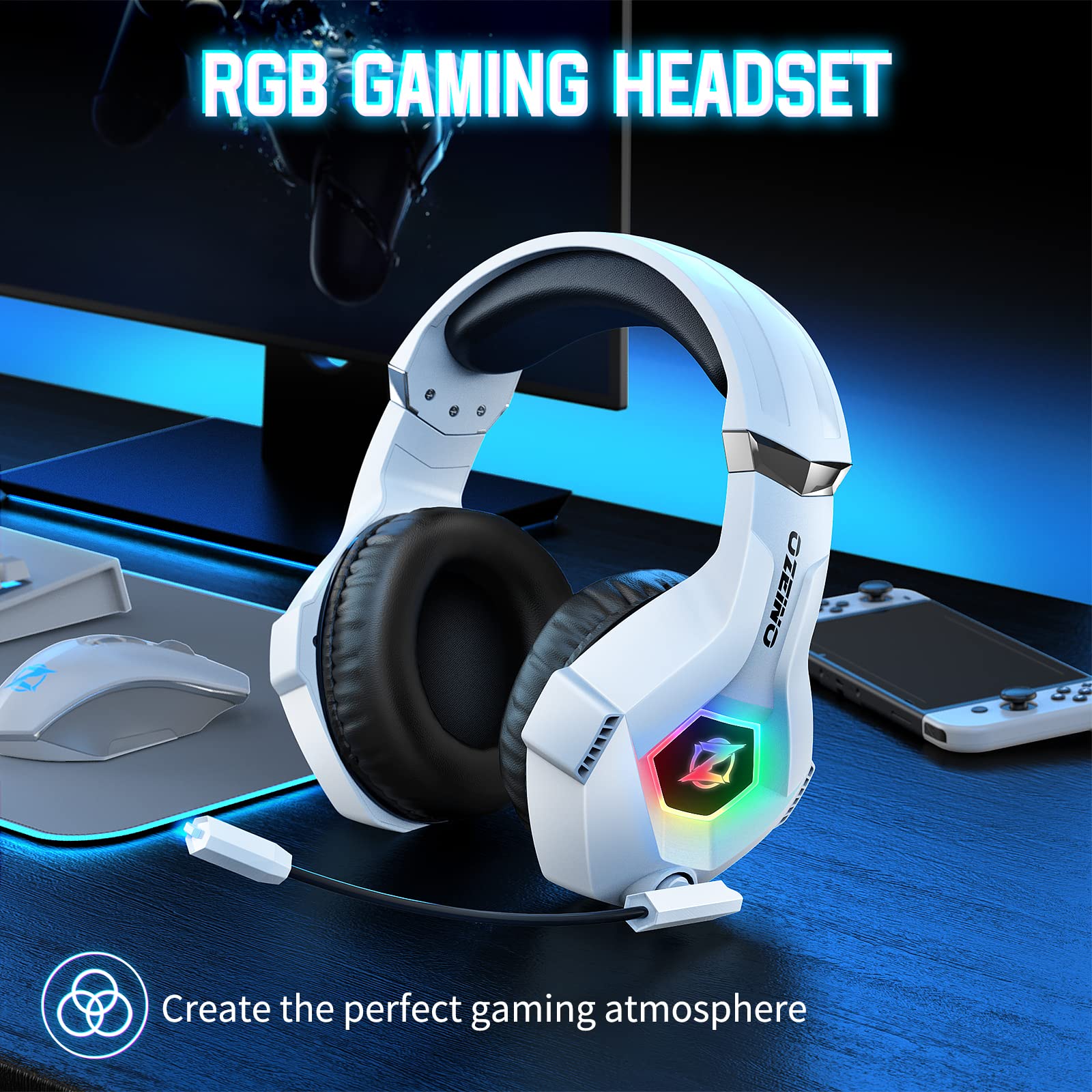 Gaming Headset PS4 Headset, Xbox with 7.1 Surround Sound, Headphones Noise Cancelling Flexible Mic RGB Light Memory Earmuffs for PC, PS5, PS4, Series X/S, one, Switch
