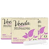 Veeda 100% Natural Cotton Compact BPA-Free Applicator Tampons Chlorine, Toxin and Pesticide Free, Super, 16 Count (Pack of 3)