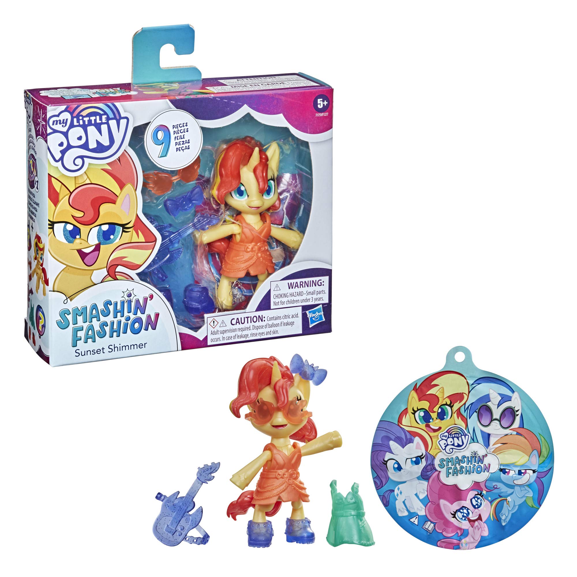 My Little Pony Smashin’ Fashion Sunset Shimmer Set -- 3-Inch Poseable Figure with Fashion Accessories and Surprise Toy Unboxing, 9 Pieces