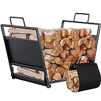 FEED GARDEN 18 Inch Small Firewood Rack Indoor with Canvas Log Carrier, Firewood Holder for Outdoor Wood Storage,Heavy Duty Iron Fireplace Log Holder, Black