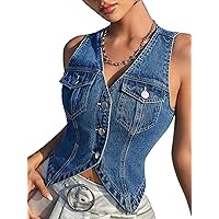 Verdusa Women's Sleeveless Button Front V Neck Sleeveless Asymmetrical Crop Denim Vest Top