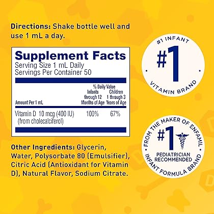 Enfamil Baby Vitamin D-Vi-Sol Vitamin D Liquid Supplement Drops for Infants, Supporting Strong Teeth & Bones in Newborn Babies, Easy-to-Use, Gluten-Free, 50 mL Dropper Bottle, Pack of 3