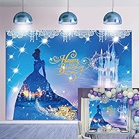 Baby Blue Princess Happy Birthday Backdrop Fantasy Castle Carriage for Princess Party Decorations Shiny Light Photography Backdrop 7X5FT