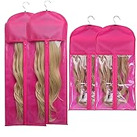 4 Pack Hair Extension Holder Wig Storage Bag with Hanger Hairpieces Ponytail Bundles Storage Carrier Case for Store Style Hair Travel Hair Extensions Bag Pink Color