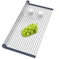 BBXTYLY Extra Large Expandable Roll Up Dish Drying Rack,Over The Sink Drying Rack Sink Cover Kitchen Sink Accessories Kitchen Rolling up Stainless Steel Drainer, Foldable,Rollable（Grey，25.1''-17.3''）