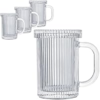 Lysenn Glass Coffee Mugs Set of 4 - Classic Vertical Stripe Tea Mug - Elegant Coffee Cup with Glass Lid for Latte, Espresso - Lovely Gift for Christmas, Anniversary and Birthday - 11 oz Clear