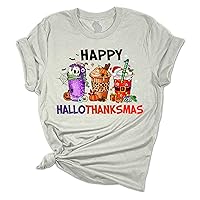 Womens Festive Holiday Tshirt Happy Hallowthankmas Funny Short Sleeve T-Shirt