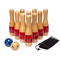 Lawn Bowling Game/Skittle Ball- Indoor and Outdoor Fun for Toddlers, Kids, Adults –10 Wooden Pins, 2 Balls, and Mesh Bag Set by Hey! Play! (11 Inch)