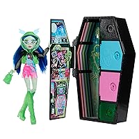 Monster High Monstrous Secrets Neon Scare Series Set with Articulated Doll Ghoulia Yelps, Locker, Over 19 Surprises, Over 125 Looks to Create, Children's Toy, from 3 Years, HNF81