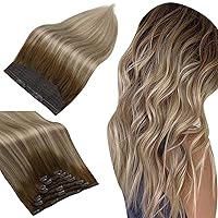 Full Shine Hair Extensions Real Human Hair Balayage Walnut Brown to Light Brown Mix Light Blonde Invisible Hair Extensions Natural Straight Hairpiece Remy Human Hair Extensions 18 Inch