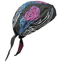 Twisted Pink Hearts Blue Wings Over Black Head Wrap Durag Doo Rag Biker Skull Cap Hat Helmet Liner Moisture Wicking Sweatband