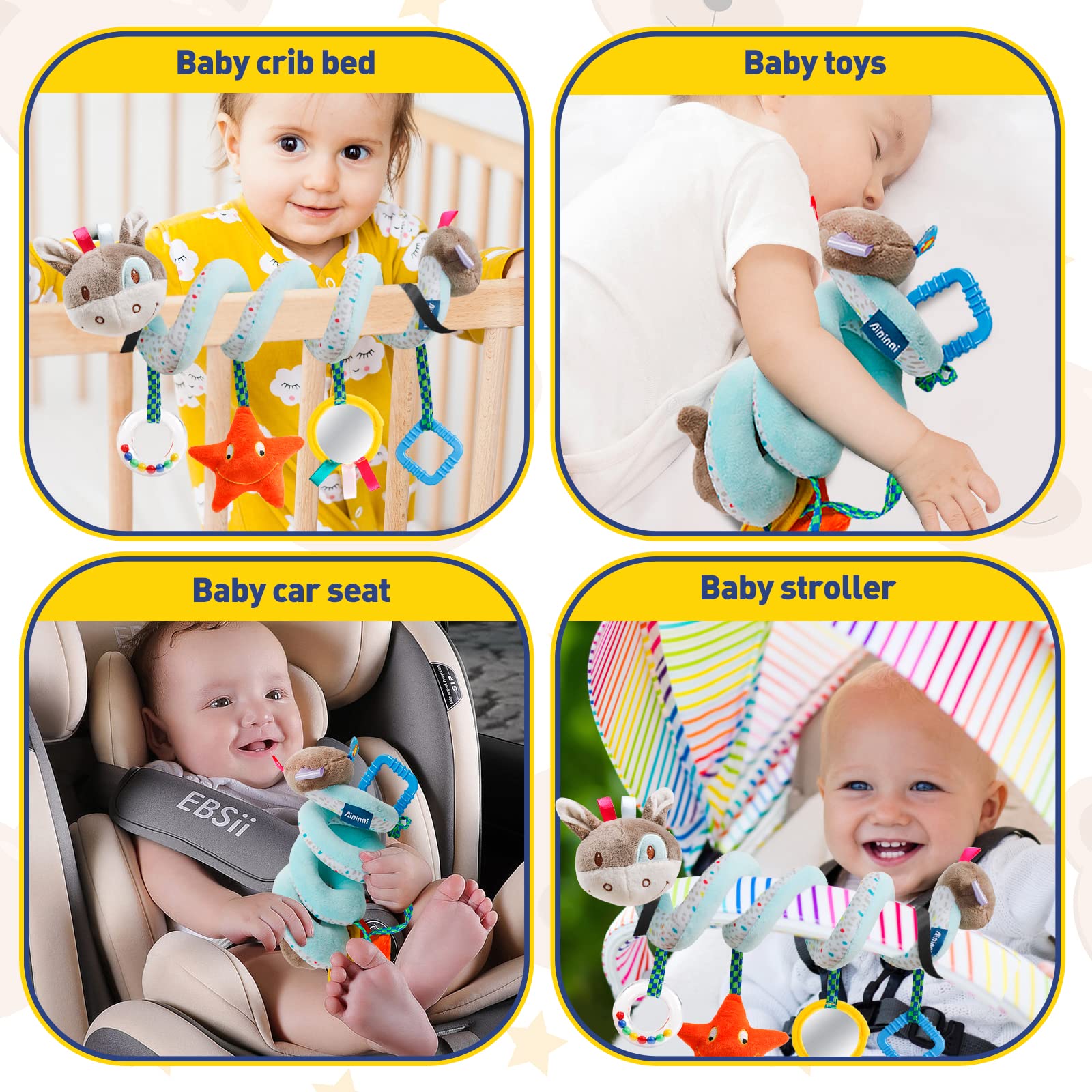 Baby Car Seat Toys Activity Stroller Toy for Boys Girls 0 3 6 9 10 12 Months, Spiral Hanging Plush Toys Mobile for Stroller Bassinet Crib Baby Carrier
