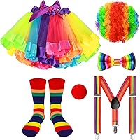 6 Pcs Kids Clown Rainbow Costume Set Include Tutu Skirt Socks Wig Nose Bow Shoulder Strap for Carnival Party