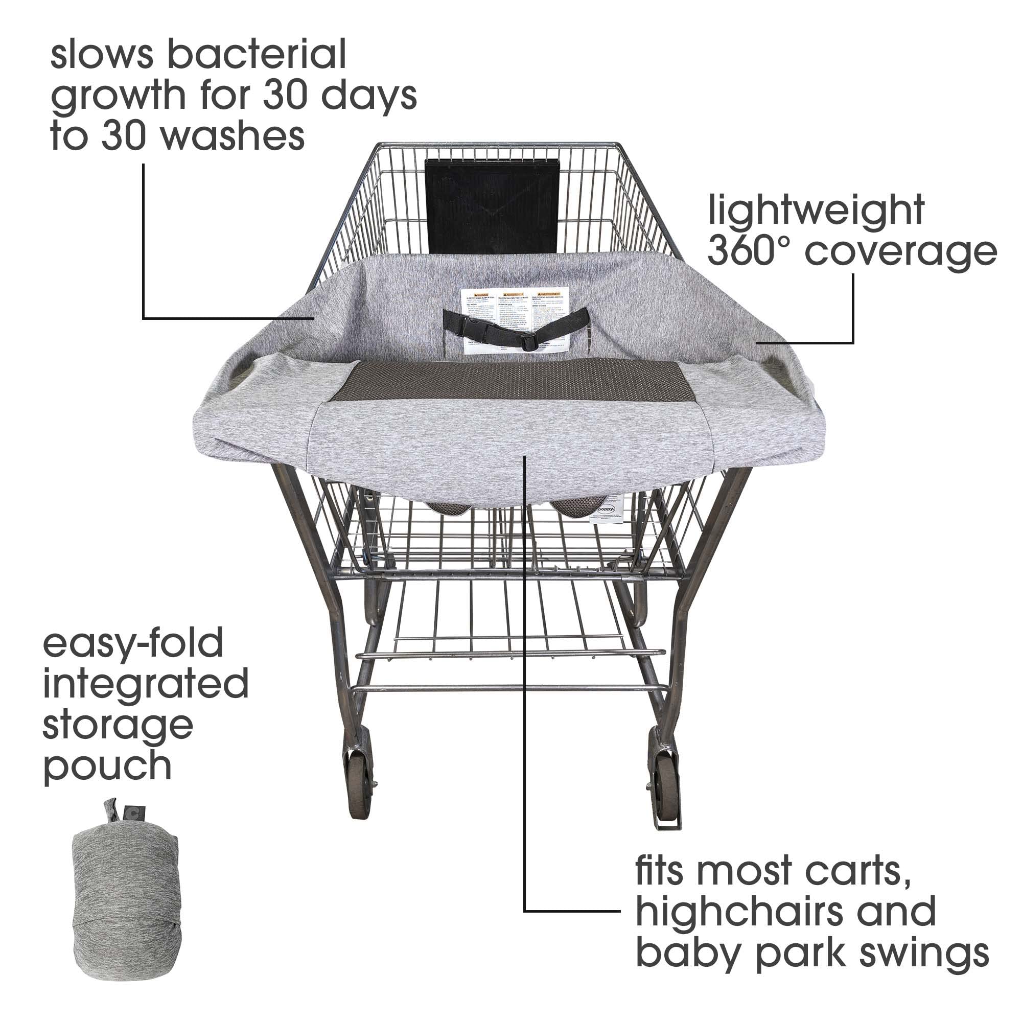 Boppy Compact Shopping Cart Cover, Antibacterial Treated, Gray Heathered with Storage Pouch, Easy-on Stretch Fabric for Single and Wide Shopping Carts, Highchairs and Playground Swings, 6-48 Months