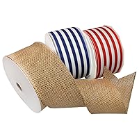 Morex Ribbon 99540P3-914 Stripes Burlap Ribbon Mixed X 50 YD Patriotic Ribbon for Gift Wrapping, Red/Natural/Blue (3-Pack), 4th of July Decorations, American Flags Art Supplies Gift Ribbons for Crafts