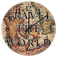 12 inch Silent Non-Ticking Wall Clocks Battery Operated Travel The World Home Decoration for Bedroom Custom Map Art Retro Round Wooden Wall Clock Rustic for Exercise Room Girls Room