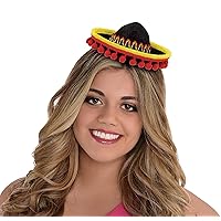 Amscan Cinco De Mayo Fiesta Party Black Spanish Hat with Red Ball Fringe Headband Accessories, Plastic, 8