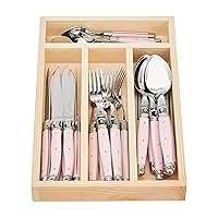 Jean Dubost Laguiole 24-Piece Everyday Flatware Set, Pink Handles - Rust-Resistant Stainless Steel - Includes Wooden Tray - Made in France