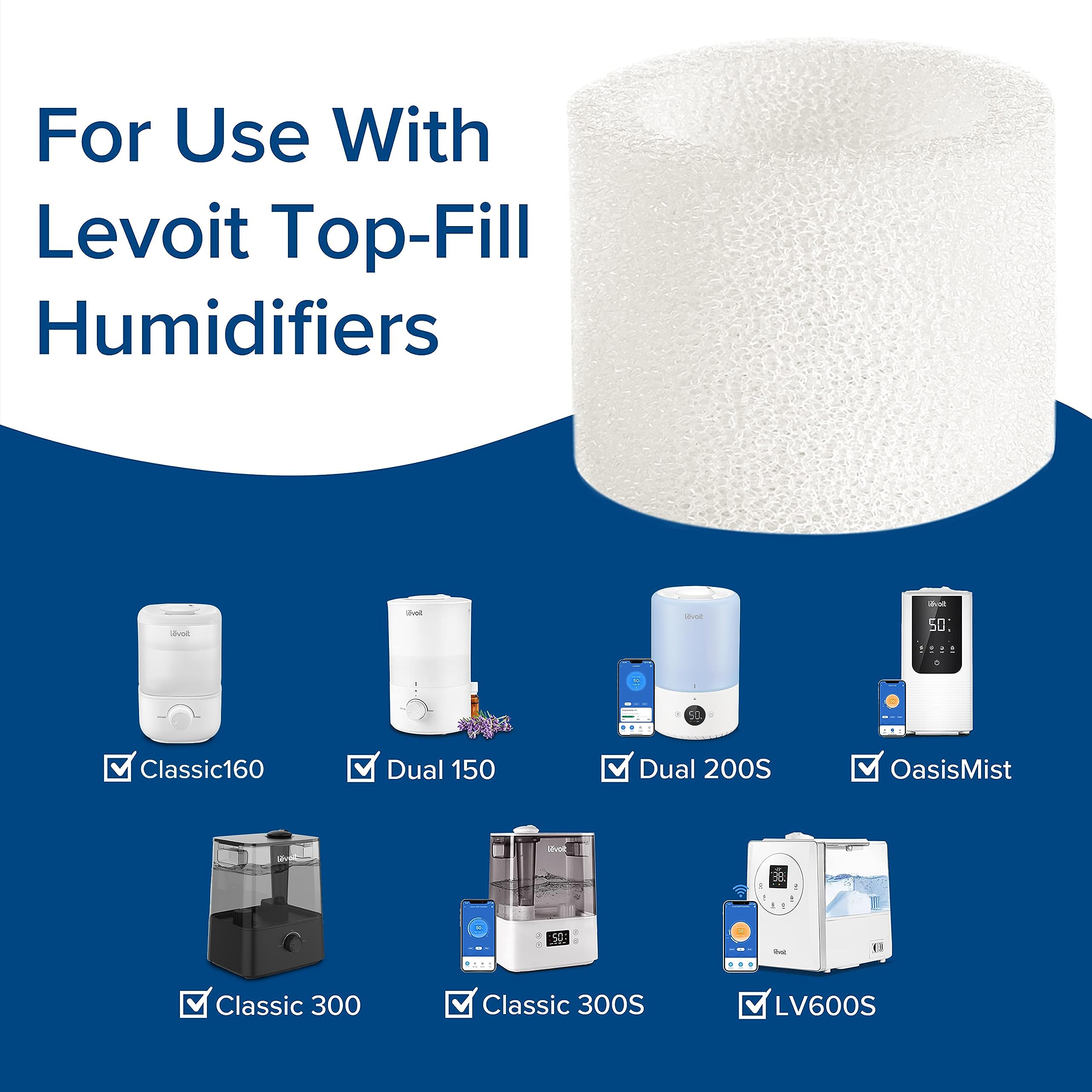LEVOIT 10-Pack Top Fill Humidifier Replacement Filters, Capture Fine Particles to Improve Humidification Efficiency, for Classic160, Dual150, Dual200S, Classic300(S), LV600S, OasisMist450S, White