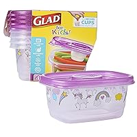 Glad for Kids GladWare Snack Containers with Unicorn Design | BPA-Free Plastic Food Storage, 24oz 4 Count with Dressing Cups | Microwave & Dishwasher Safe, Pink, Plastic