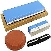 Knife Sharpening Whetstone Set - Includes Dual 1000/6000 Grit Stone with Anti-Slip Bamboo Holder, Pocket Size Stone, 140/320 Grit Pebble Axe Sharpener, and Angle Guide by SciencePurchase