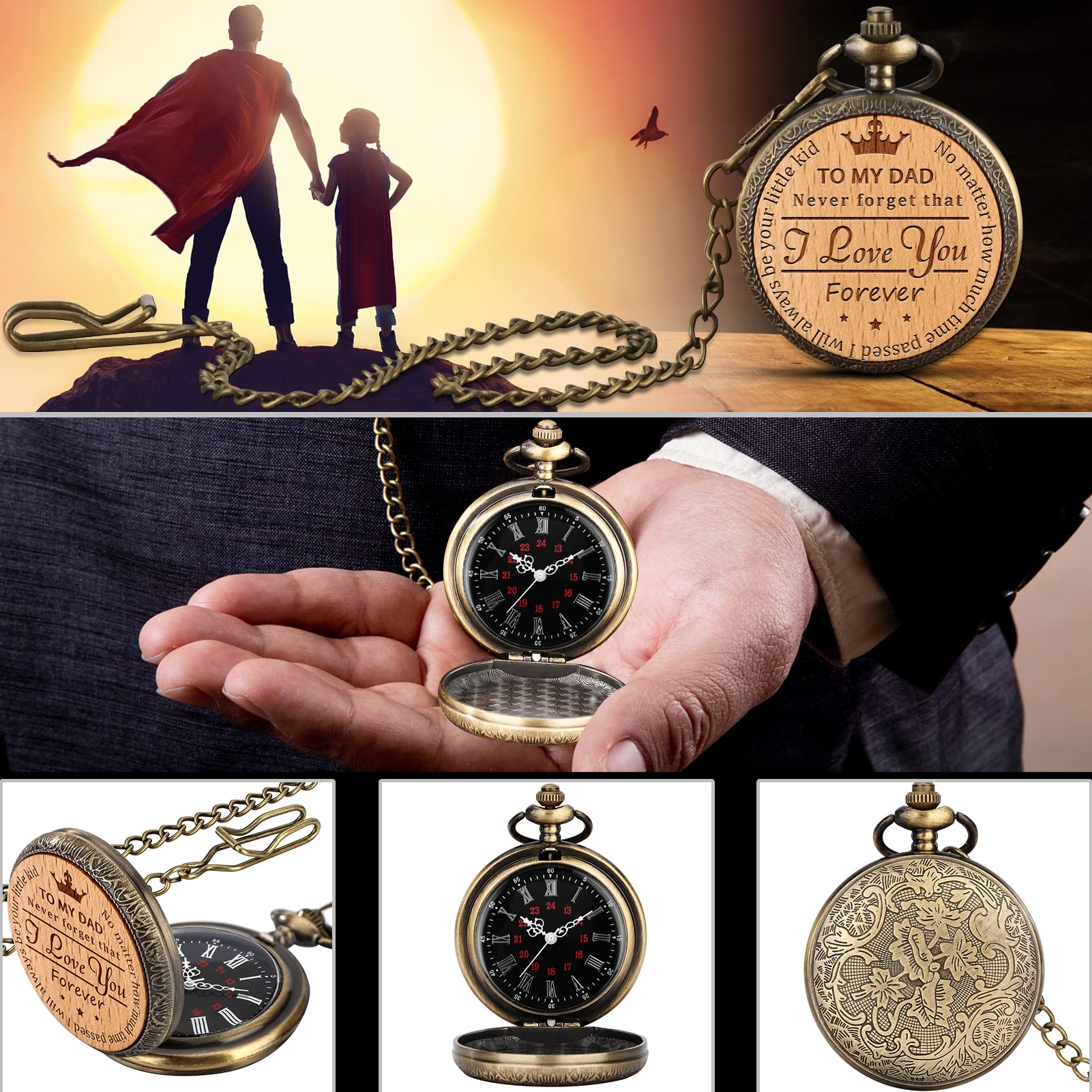 YISUYA Engraved Antique Personalized Pocket Watch and Chain Steampunk Fob Vintage Pocket Watches for Men Souvenirs Birthday Gifts for Men, to My Dad, to My Son
