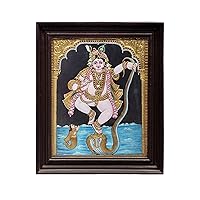 Exotic India Lord Krishna Dancing on Serpent Kaliya Tanjore Painting | Traditional Colors With 24K Gold | Teakwoo