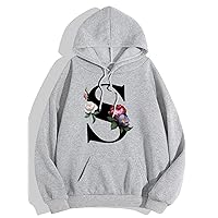 Sweatshirt for Women Letter & Floral Print Kangaroo Pocket Drawstring Thermal Hoodie Sweatshirt for Women (Color : Gray, Size : Small)
