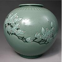 MellowBreez 11'' Korea Celadon Green Vase for Flowers - Inlaid Magnolia Flower Ceramic Vase - Round Vases for Home Decor - Oriental Pottery China Art - Glazed Porcelain Korean Antique Jar