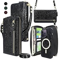 Harryshell Detachable Crossbody for iPhone 14 Pro Max Case Wallet Compatible with MagSafe Wireless Charging 5 Card Slots Cash Coin Dual Layer Zippers Pocket Shoulder Wrist Strap (Crocodile Black)