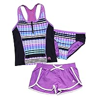 ZeroXposur Girls Swimsuit 3-Piece Set with Tankini Bathing Suit and Swim Cover Up Shorts - UPF 30+ Girls' Swimwear
